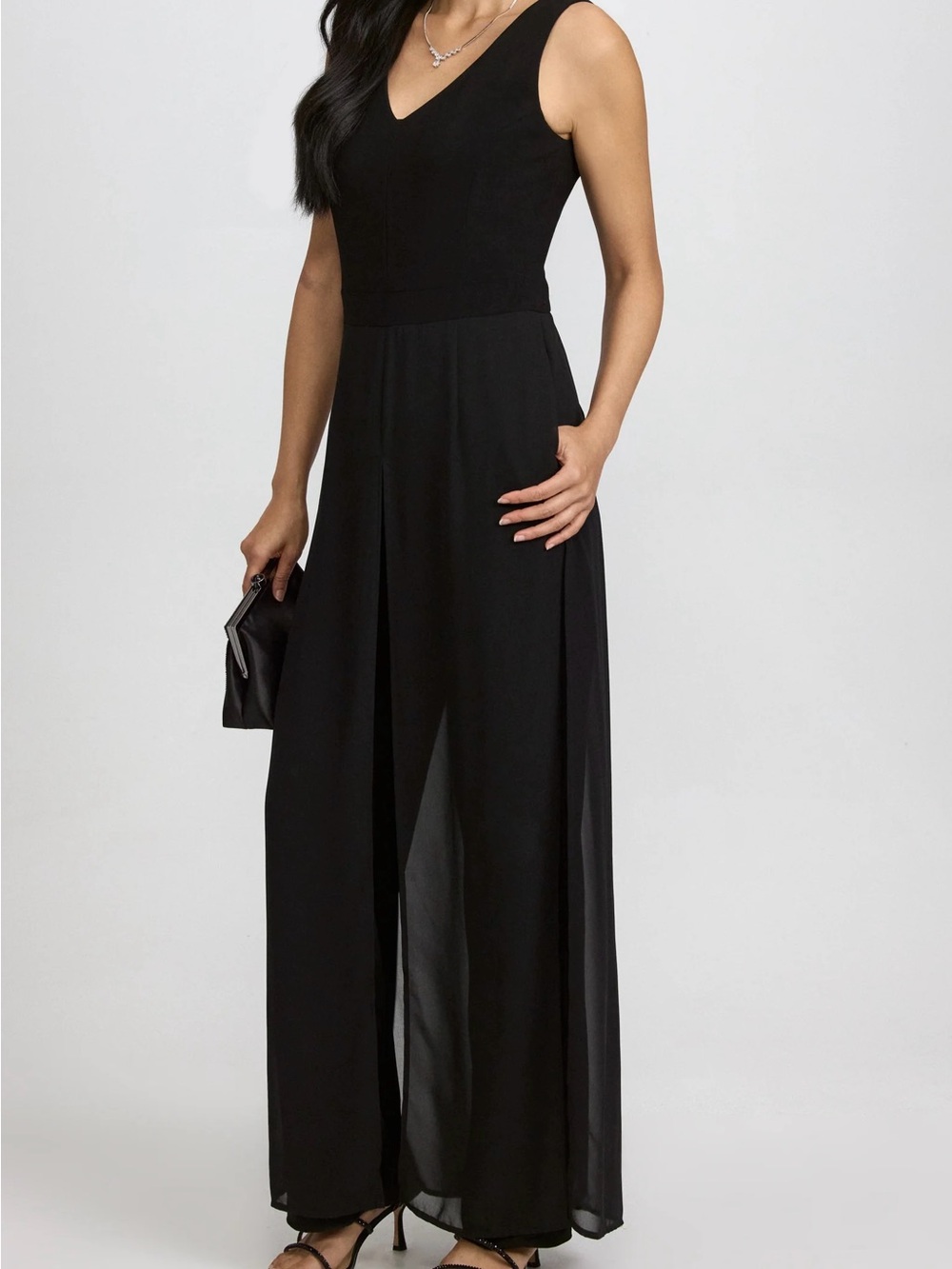 Formal Black V-Neck Sleeveless Jumpsuit with sheer overlay Classic Romper